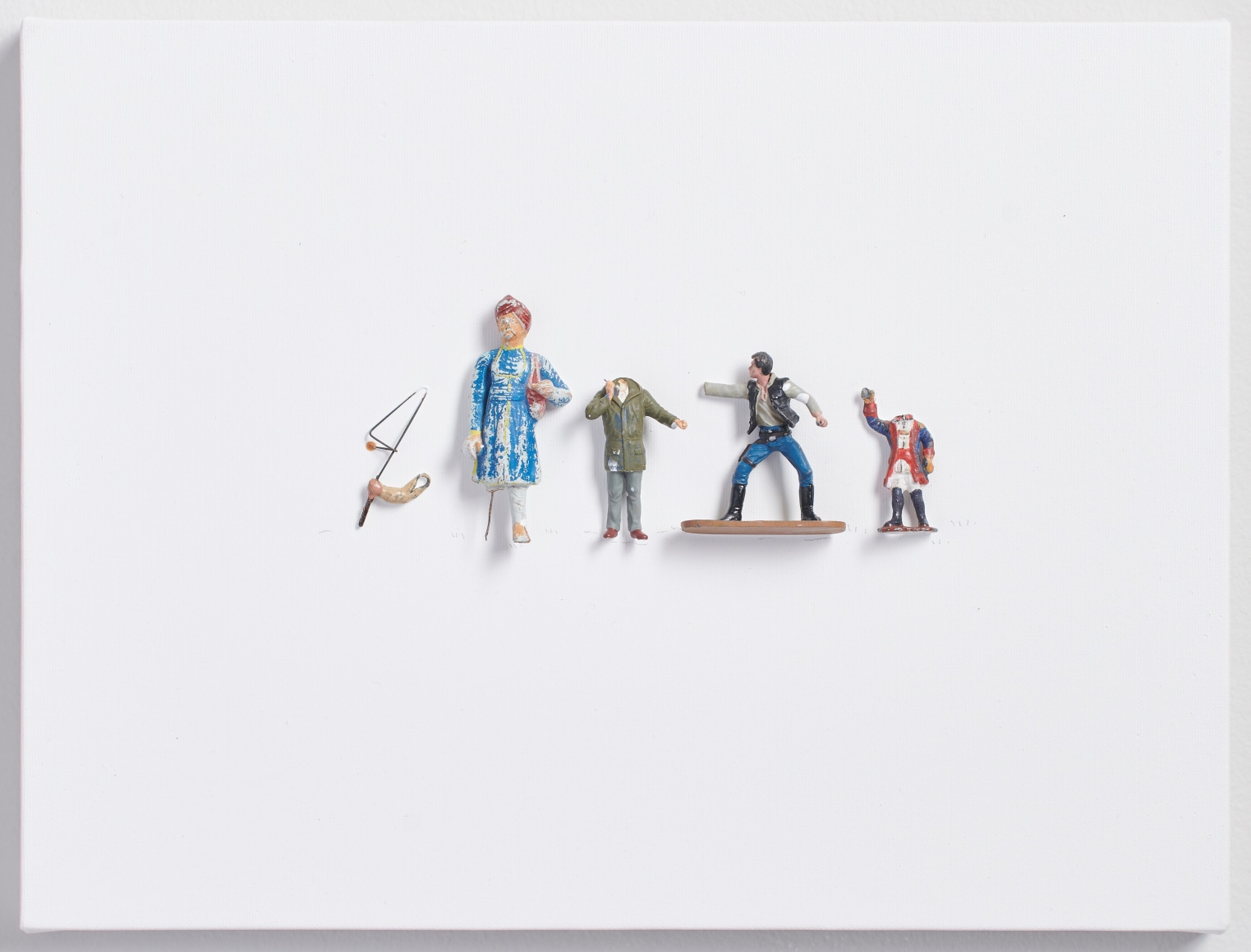 Liliana Porter, Casualties II, 2021. Acrylic and assemblage on canvas, 12 x 16 x 2 in. (30.5 x 40.6 x 5.1 cm.)