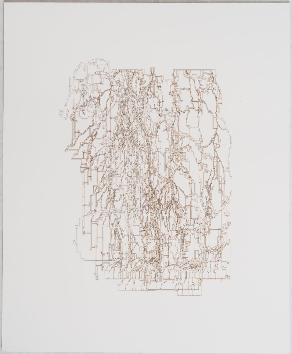 Variaciones conjeturales sobre un bosque inundado de trayectorias cuasi brownianas (previo a la Gran Bifurcación). En algún lugar nieva.&nbsp;Koch. Modelo 003- Era Pre arboritica, 2018. Cut out paper.&nbsp;17 7/8 x 14 3/4 x 1 3/4 in. (45.4 x 37.5 x 4.4 cm.)