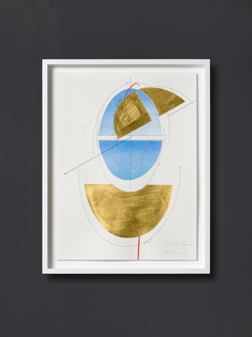 Jorinde Voigt,&nbsp;Infinite Blue + Transit (2), 2020. Signed,&nbsp;Ink, gold leaf, pastel, oil chalks and graphite on paper,&nbsp;18 &frac12; x 14 ⅝ x 1 ⅝ in. (47 x 37 x 4 cm.)