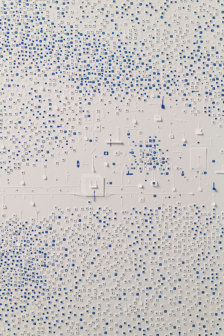 Marco Maggi, No visual distancing (Blue on White), detail, 2021. Paper on paper on paper, 24 x 18 in. (61 x 45.7 cm.)