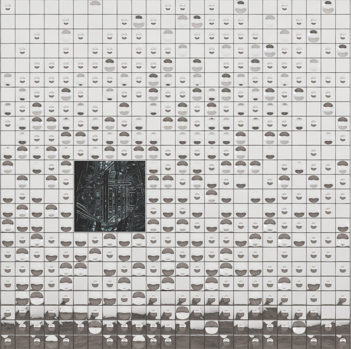 Ana Maria Tavares, On the Visual Purity YQ10, from the Artifactual series, 2015, Polished stainless steel, UV Print on Dibond, crystal methacrylate, and anodized and chromed aluminum, 48 x 48 x 2 1/2 in. (121.9 x 121.9 x 6.4 cm.)