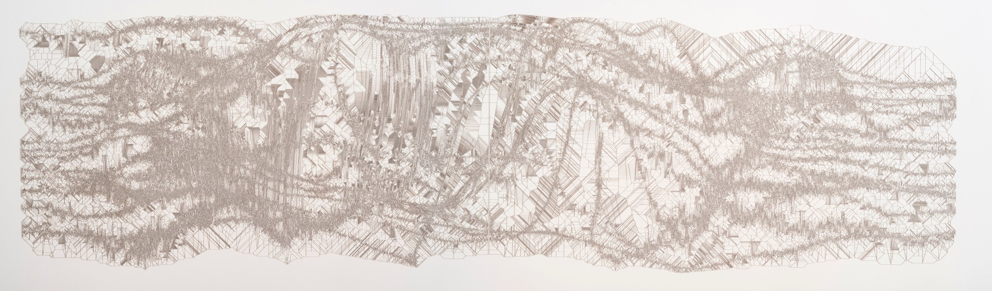 Gustavo Díaz.&nbsp;(b. 1969, Argentina).&nbsp;Observando dentro de la línea, en algún nivel existe un patrón. Prigogine mira..., from the series Acumulación de autoligaduras. [AA2], 2018.&nbsp;Cut out paper.&nbsp;22 5/16 x 67 31/32 in. (56.7 x 172.7 cm.)