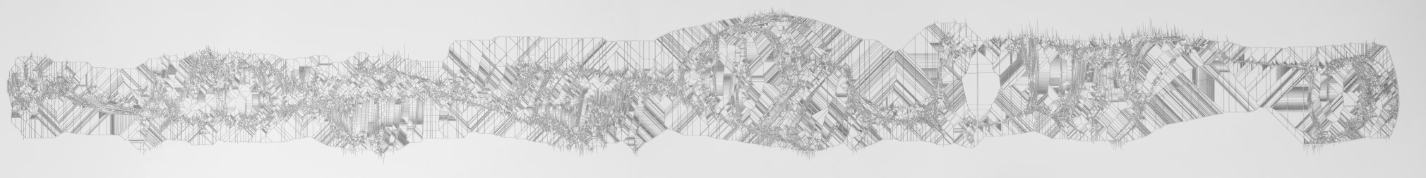 Observando dentro de la línea, en algún nivel existe un patrón. Prigogine mira..., from the series Acumulación de autoligaduras. [AA1] , 2018. Cut out paper. 13 5/8 x 86 3/16 x 1 3/4 in. (34.6 x 218.9 x 4.4 cm.)