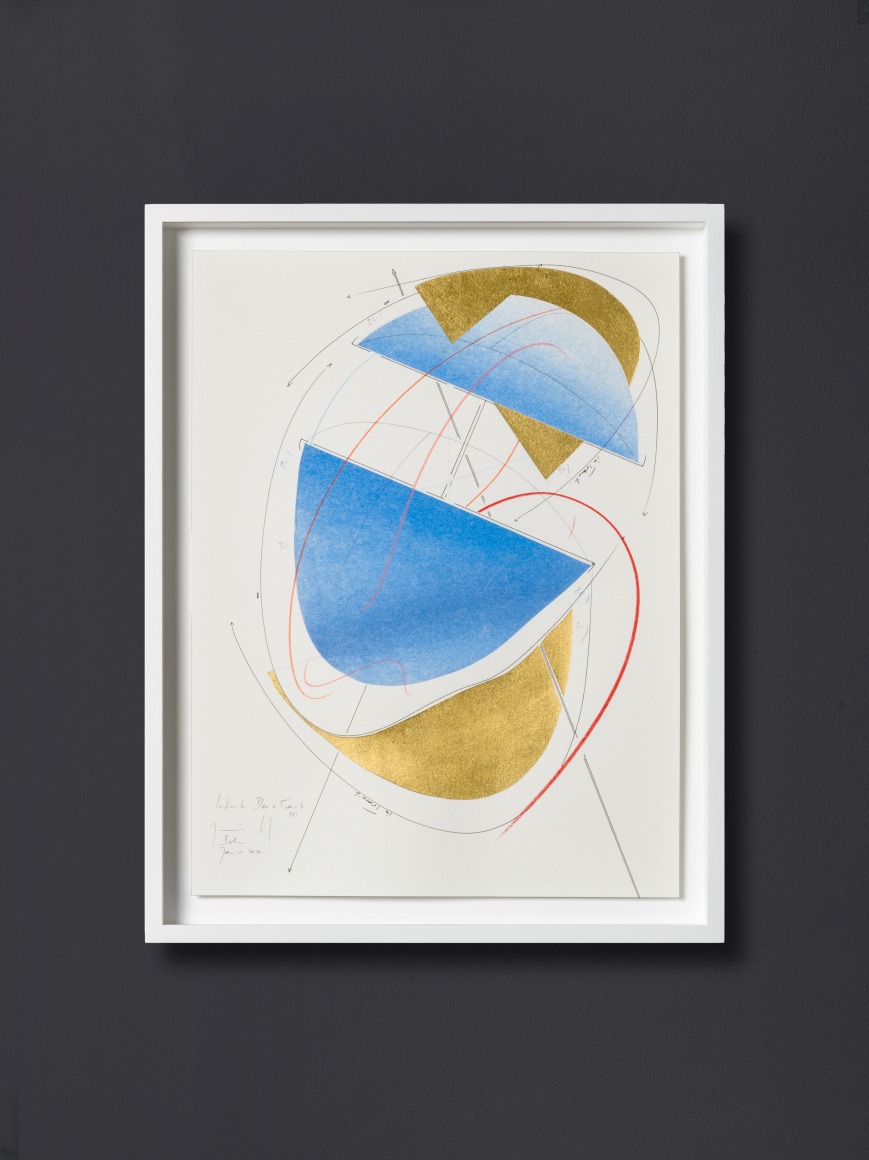 Jorinde Voigt,&nbsp;Infinite Blue + Transit (3), 2020. Signed,&nbsp;Ink, gold leaf, pastel, oil chalks and graphite on paper,&nbsp;18 &frac12; x 14 ⅝ x 1 ⅝ in. (47 x 37 x 4 cm.)