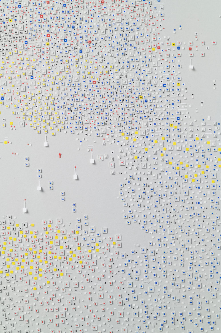 Marco Maggi, No visual distancing (Colors on Grey), detail, 2021. Paper on paper on paper, 24 x 18 in. (61 x 45.7 cm.)