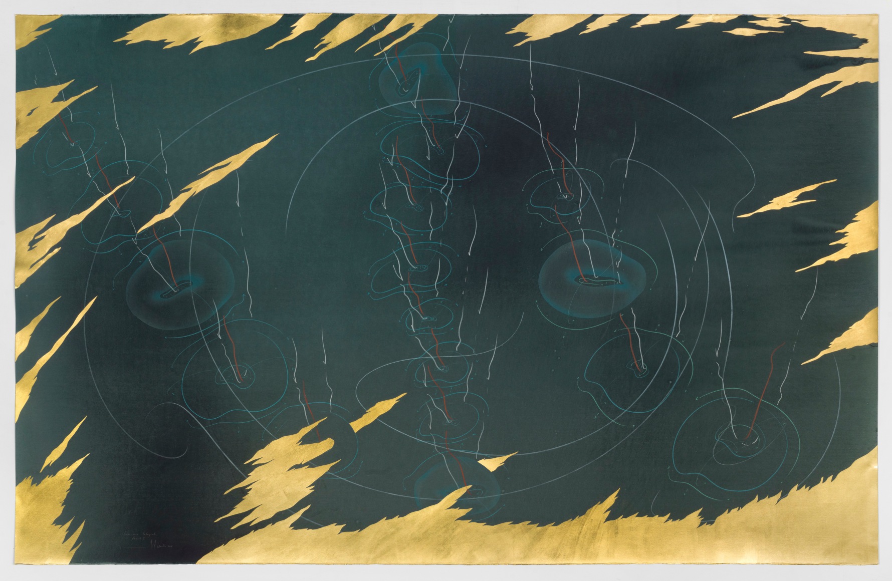 Jorinde Voigt,&nbsp;Immersive Integral - Zenith I,&nbsp;2018.&nbsp;ink, gold leaf, pastel, oil pastel, graphite on paper.&nbsp;139.6 x 219 cm.