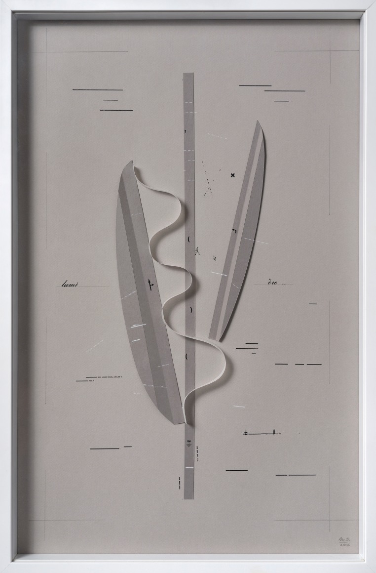 Marie Orensanz, lumi&egrave;re 2, 2012. Folded paper, mixed media on paper, 24 3/8 x 15 3/4 in. (61.9 x 40 cm.)
