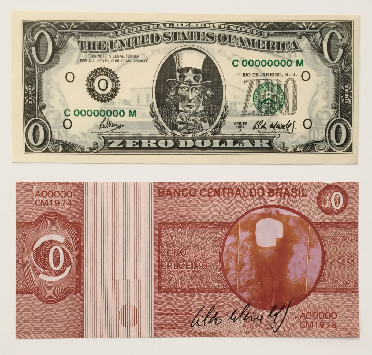 Cildo Meireles, Zero Dollar - Zero Cruzeiro, 1978-1984. Offset lithograph on paper, Dollar: 2 5/8 x 6 1/8 in. (6.67 x 15.6 cm.),&nbsp;Cruzeiro: 2 3/4 x 6 1/8 in. (7 x 15.6 cm.), &nbsp;