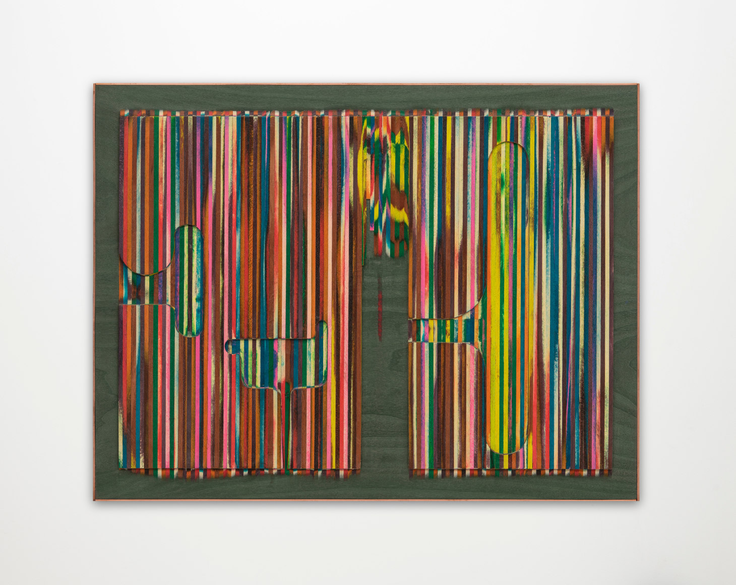 Sebast&iacute;an Gord&iacute;n, 10 de mayo, 5.30 am, 2022. Dyed veneer, plywood, copper, 22 1/2 x 17 3/8 in. (57 x 44 cm.)