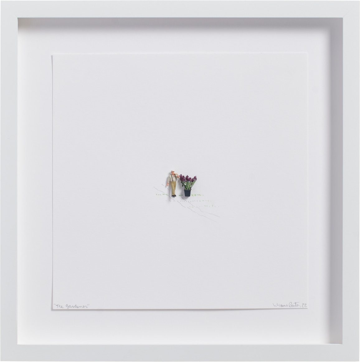 Liliana Porter, The Gardener, 2022. Assemblage and graphite drawing on paper, 8 x 8 in. (20.3 x 20.3 cm.)