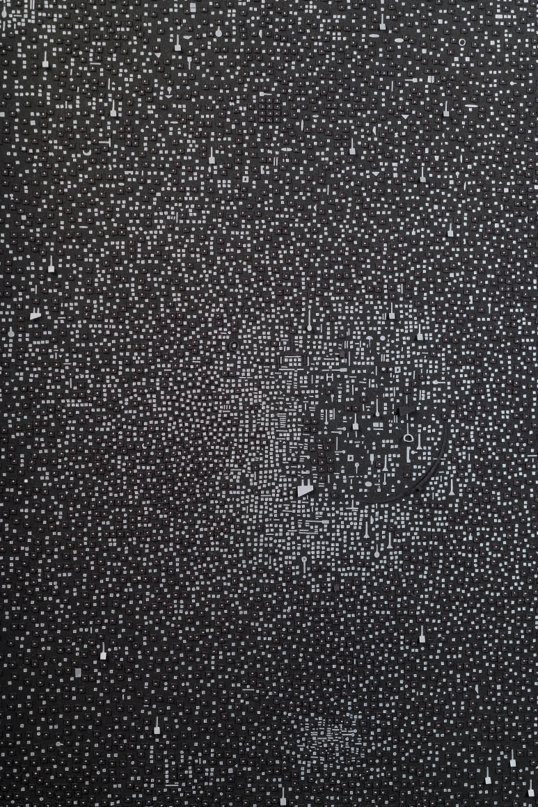 Marco Maggi, No visual distancing (Silver on Black), detail, 2021. Paper on paper on paper, 24 x 18 in. (61 x 45.7 cm.)