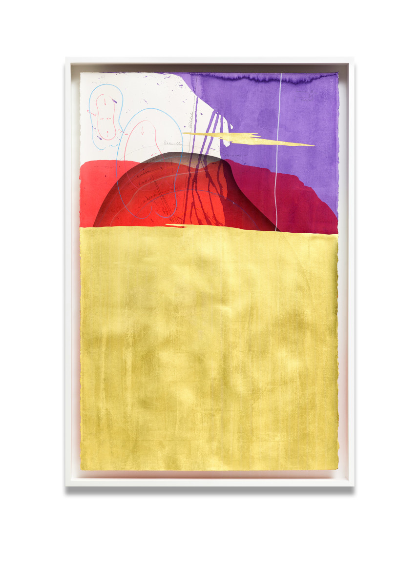 Jorinde Voigt, Immersion IV (9), 2018.&nbsp;Ink, India ink, gold leaf, pastel, oil pastel, pencil on paper, 40 1/8 x 26 in.