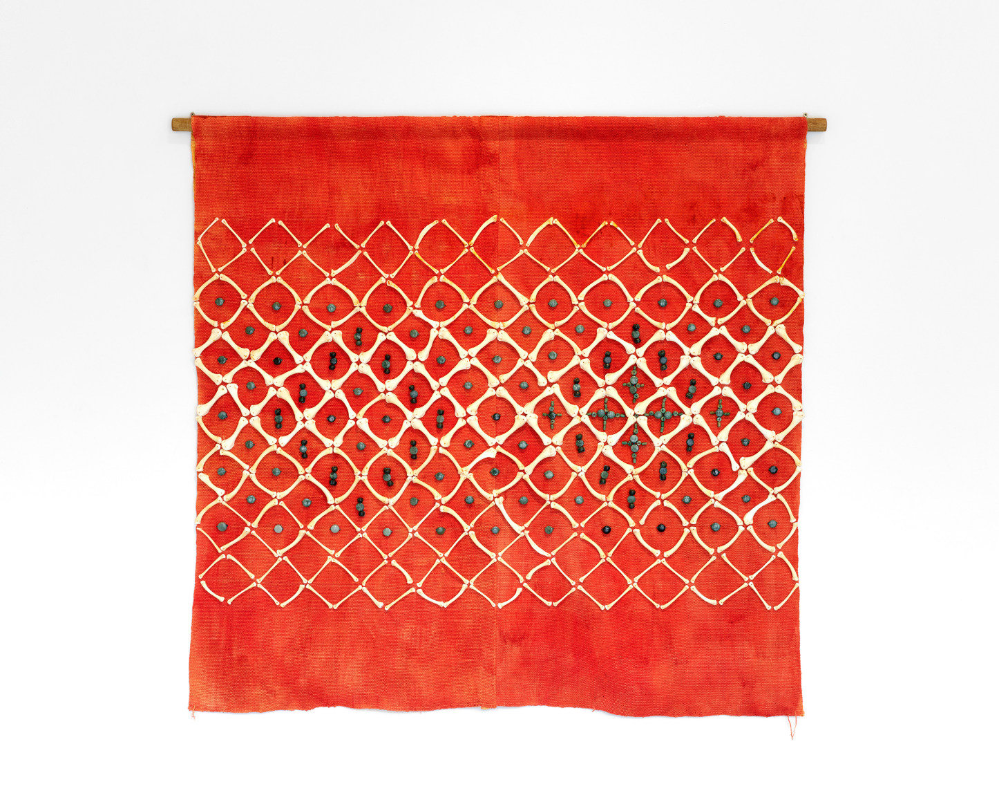 Sandra Monterroso, Coraz&oacute;n del Lugar del Viento [Place of wind heart], 2022. Foot loom weaving, achiote (annato) bone embroidery, jade, jadeite, cultural jade, marble, 41 3/4 x 58 1/4 in. (106 x 148 cm.)