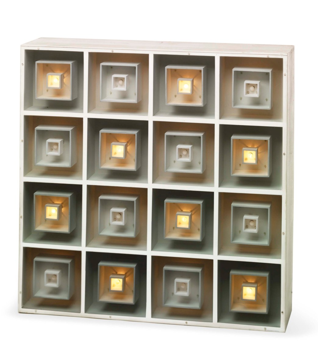 Gregorio Vardanega, Multiplication Electonique III [Edition&nbsp;of 2], 1966. Wood, Plexiglas, bulbs, and motor, 35 1/4 x 35 1/4 x 10&nbsp; in. (89.5 x 89.5 x 25.5 cm.)