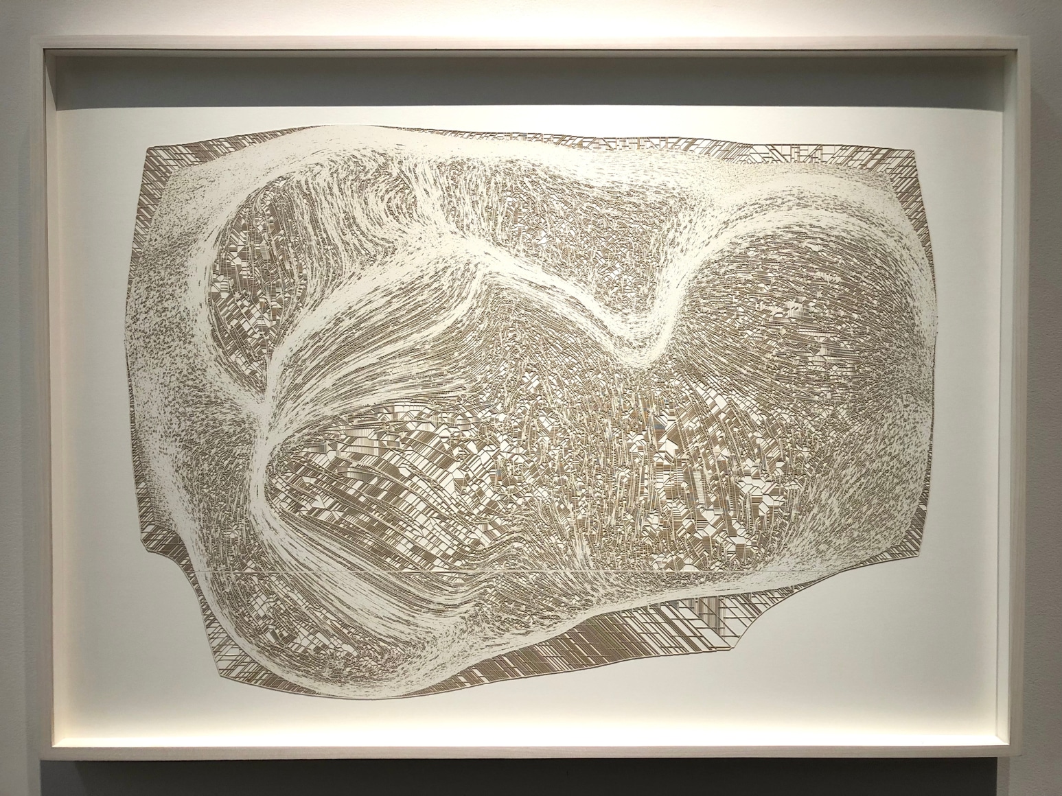 Gustavo Diaz, Modelo conjetural en el que 60 x L = 1. Zadeh cuenta... 1- 60 = 0, from the series Conjuntos Borrosos, 2018. Cut paper, 27 11/32 x 37 1/2 x 1 3/4 in.