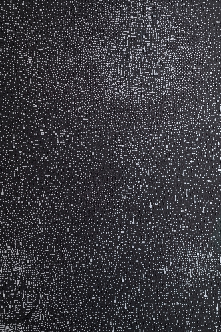 Marco Maggi, No visual distancing (Silver on Black), detail, 2021. Paper on paper on paper, 24 x 18 in. (61 x 45.7 cm.)