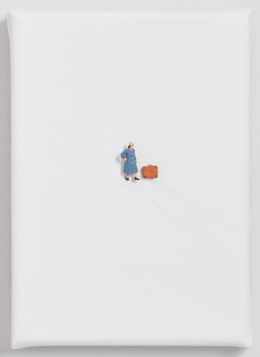 Liliana Porter, To Go Away III, 2020. Acrylic, graphite, and assemblage on canvas, 7 x 5 x 1 &frac14; in. (17.8 x 12.7 x 3.2 cm.)