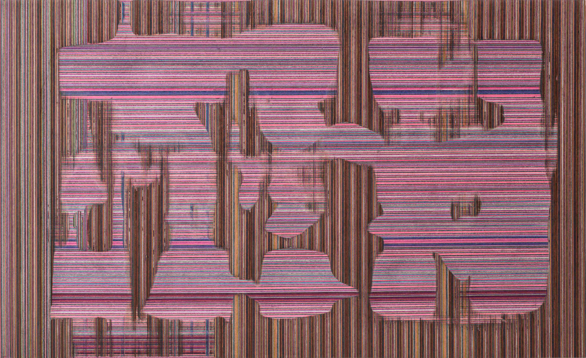 Sebast&iacute;an Gord&iacute;n, Le&ntilde;outop&iacute;a crom&aacute;tica espacial #9, 2018. Dyed veneer, plywood, copper, 14 15/16 x 24 3/8 in. (38 x 62 cm.)