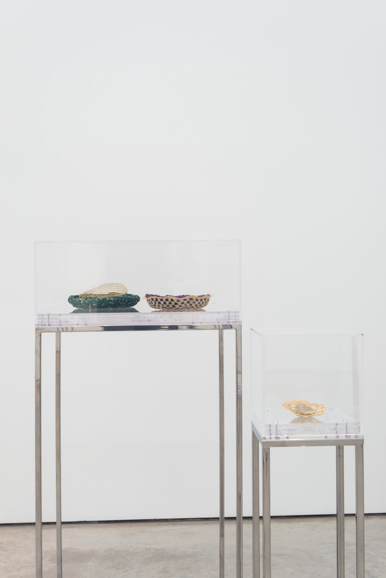 Ana Mar&iacute;a Tavares,&nbsp;Victorias Regias for Coc&oacute; River IV [Euryale Amazonica], 2014. Various fabrics, yarn, acrylic, and stainless steel, Vitrine 1: 43 5/16 x 19 11/16 x 19 11/16 in. (110 x 50 x 50 cm.) Vitrine 2: 35 3/8 x 7 13/16 x 7 13/16 in. (90 x 20 x 20 cm.)