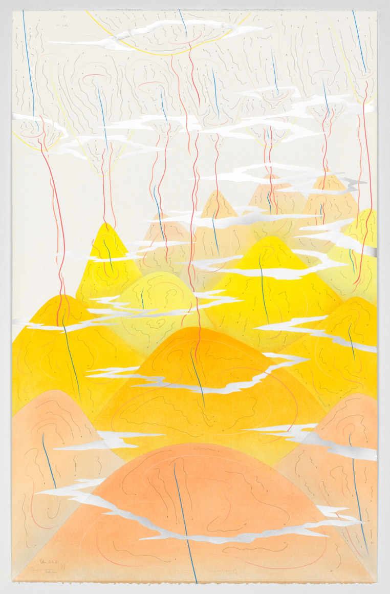 Jorinde Voigt, Yellow Hills V, 2017. Signed, Ink, aluminium leaf, pastel, oil chalks and graphite on paper, 58 ⅞ x 39 x 3 ½ in. (149.5 x 99 x 9 cm.)