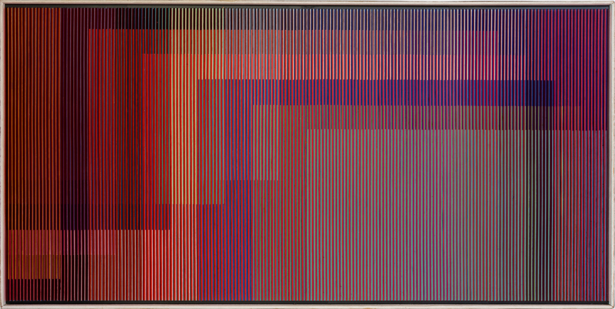 Carlos Cruz-Diez, Physichromie 483, 1969. Cardboard (Celloderme), casein (Plaka), cellulose acetate (Rhodoid) inserts mounted on plywood with wood frame, 24 3/8 x 48 in. (62 x 122 cm.)