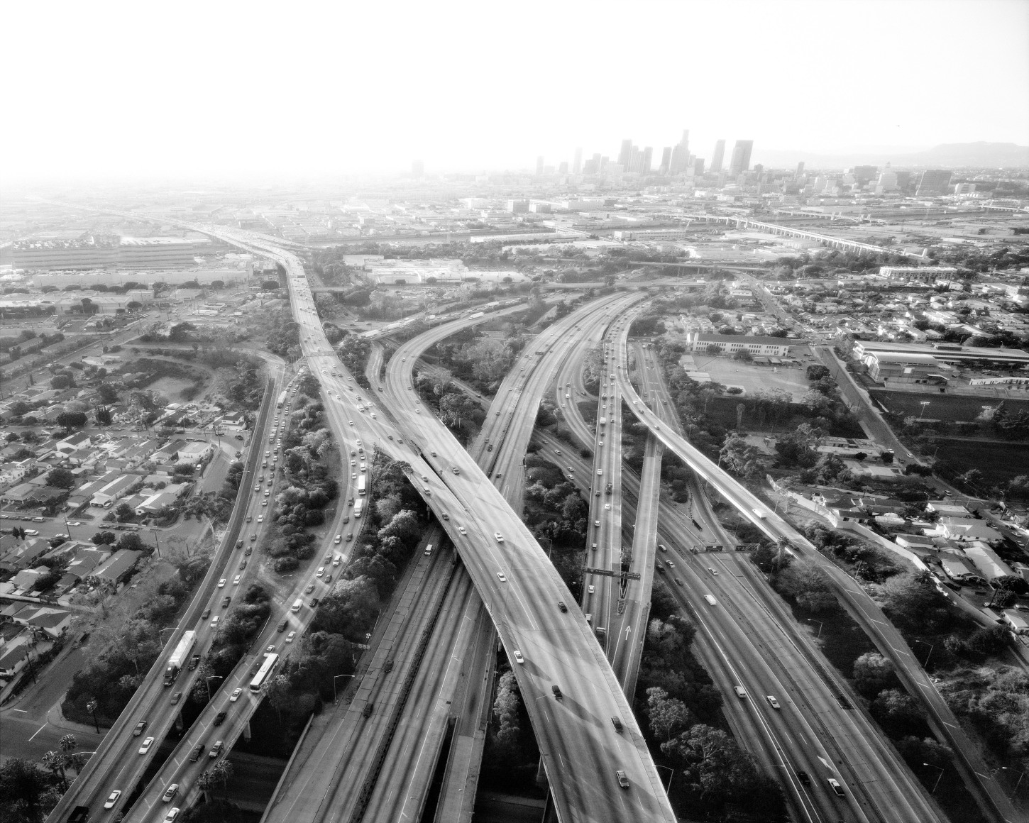 Highways 5, 10, 60 and 101 Looking West, L. A. River and Downtown Beyond, CA, 2004, 59 x 74 inches