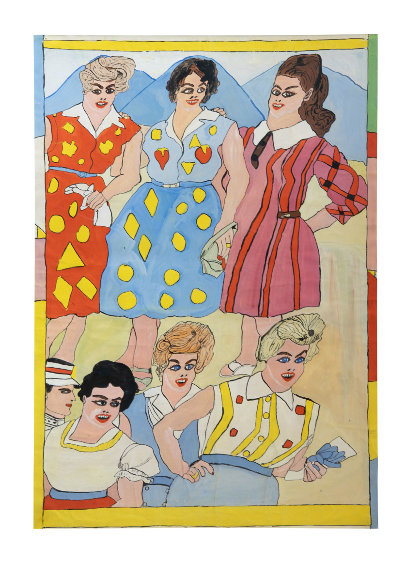 Josef Wittlich, Sechs Frauen in zwei Reihen. Am linken Rand der Kopf eines Mannes mit Hut