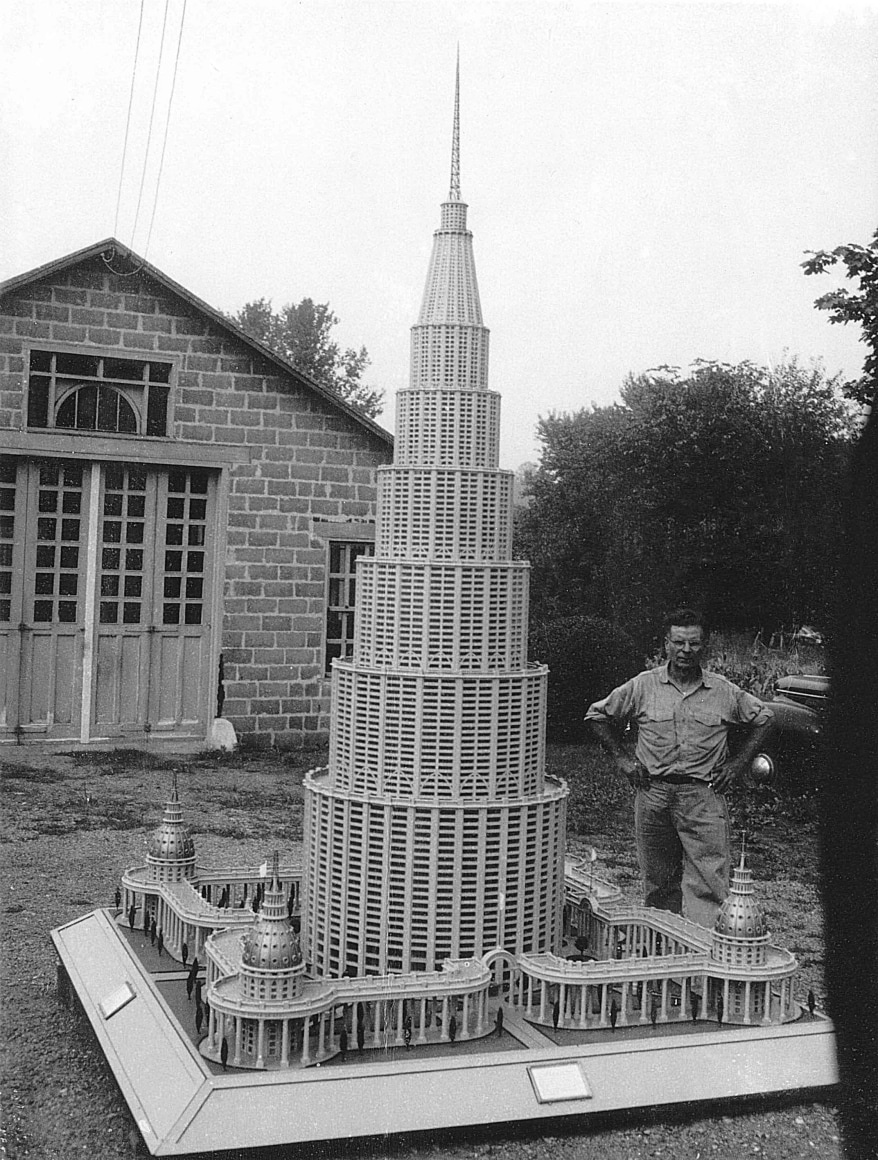 Marino Auriti with a 11 foot model of Palazzo Enciclopedico (Encyclopedic Palace)., Encyclopedic Palace (U.S. patent no. 179,277), Kennett Square, Pennsylvania, c. 1950s