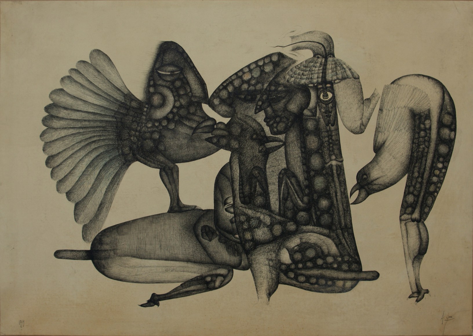 Fred Deux, sans titre, 1959, Encre sur papier maroufl&eacute;e sur toile