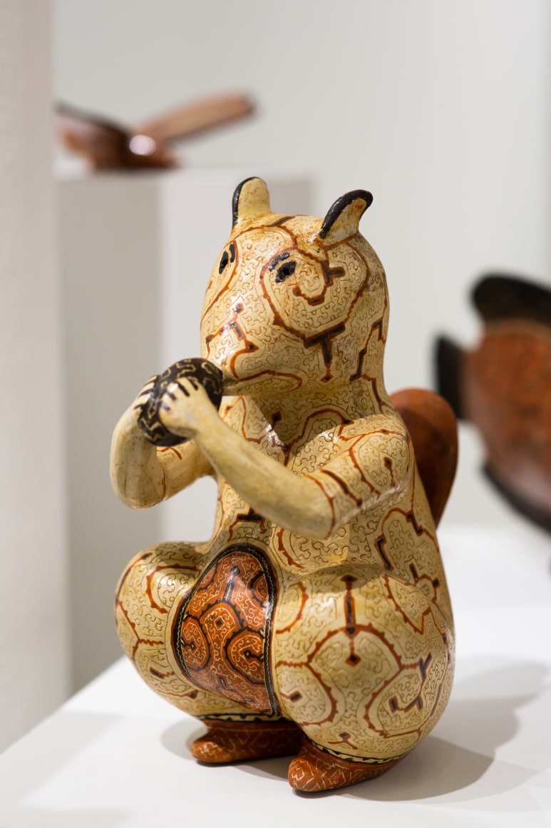 OAF Curated Space:&nbsp;The Hummingbird Paints Fragrant Songs: Sara Flores and Celia Vasquez Yui,&nbsp;Outsider Art Fair New York 2020 (installation view). Artwork: Celia Vasquez Yui, Ardilla Blanca, 2013, Coil-built pre-fire slip-painted clay and vegetal resins, 10 x 12 x 8 inches&nbsp; &nbsp; &nbsp; &nbsp; &nbsp; &nbsp; &nbsp; &nbsp; &nbsp; &nbsp; &nbsp; &nbsp; &nbsp;., Photo by Olya Vysotskaya