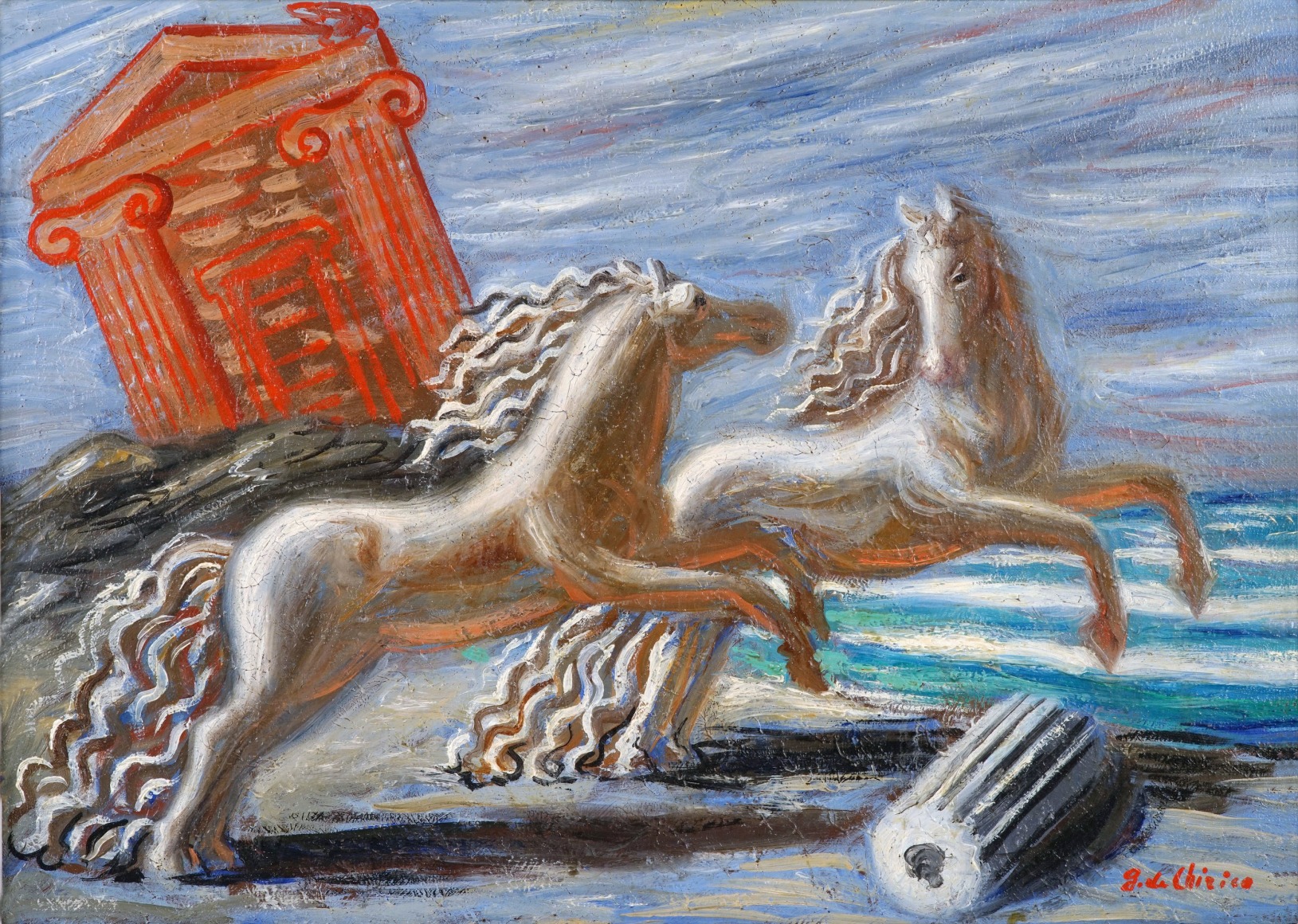 Giorgio de Chirico, Cavalli Antichi, 1927 Oil on canvas 32.5 x 45 cm. (12 3/4 x 17 3/4 in.) &copy;Helly Nahmad Gallery NY