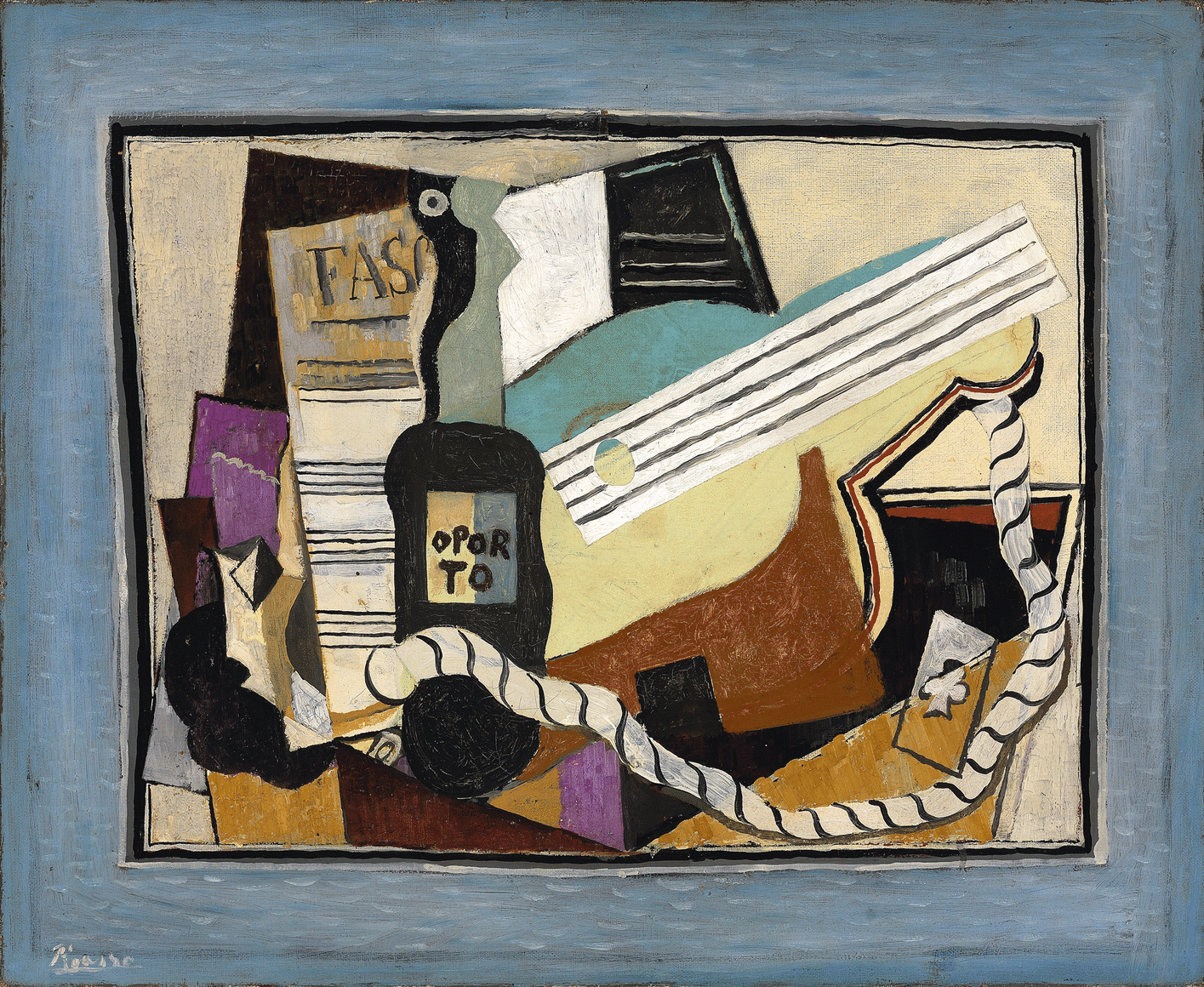 Pablo Picasso, Partition, Bouteille de Porto, Guitare, Cartes &agrave; jouer (Music Partition, Bottle of Port, Guitar, Playing Cards), 1917. Oil on canvas 50 x 61 cm. (19 5/8 x 24 in.)  &copy;Helly Nahmad Gallery NY