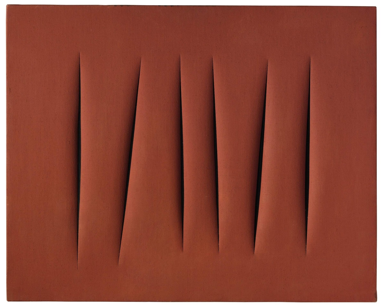 This is a painting from Fontana entitled Concetto Spaziale, Attese (1 + 1 - 3AO) (60 T 122) and made in 1960, it is red and has six cuts slashing vertically through the lenght of the canvas.