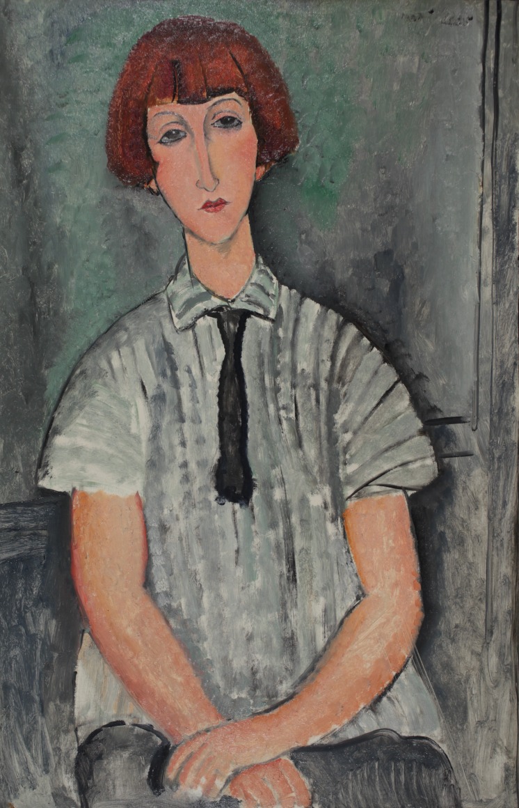 Amadeo Modigliani, Jeune Fille &agrave; la Chemise Ray&eacute;e (Young Girl with a Shirt with Stripes), 1917 Oil on canvas 92 x 60 cm. (36 1/4 x 23 6/8 in.)