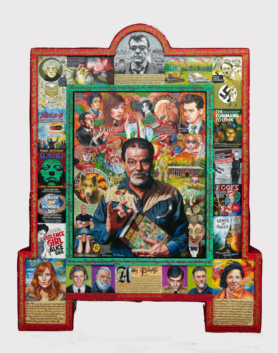 Adam Parfrey: A Feral Man in a Feral Land, 2019, Acrylic on wood panel with painted frame and fabric from subject&#039;s garment