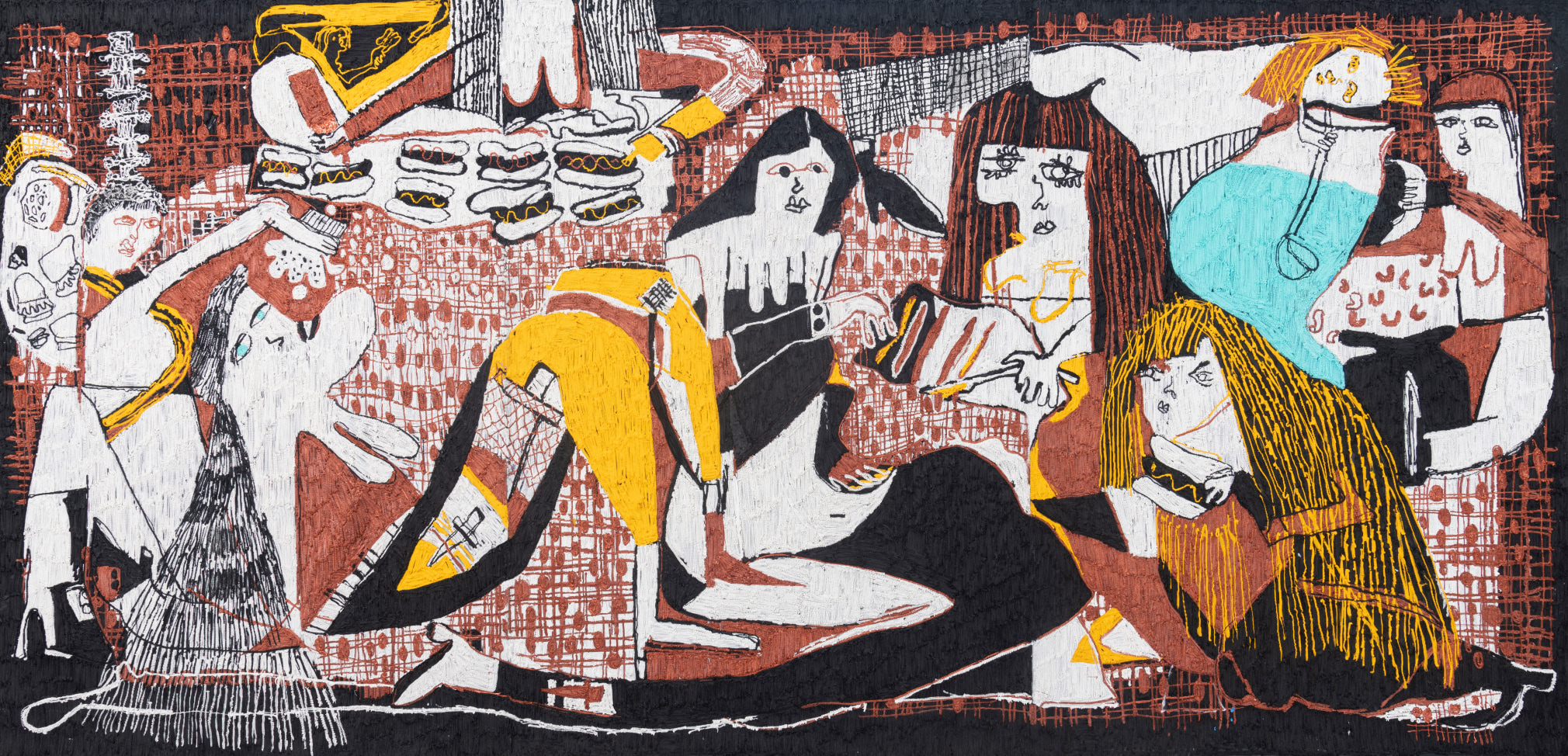 Picnic with Ketchup and Mustard, 2018, Acrylic on aluminum mesh