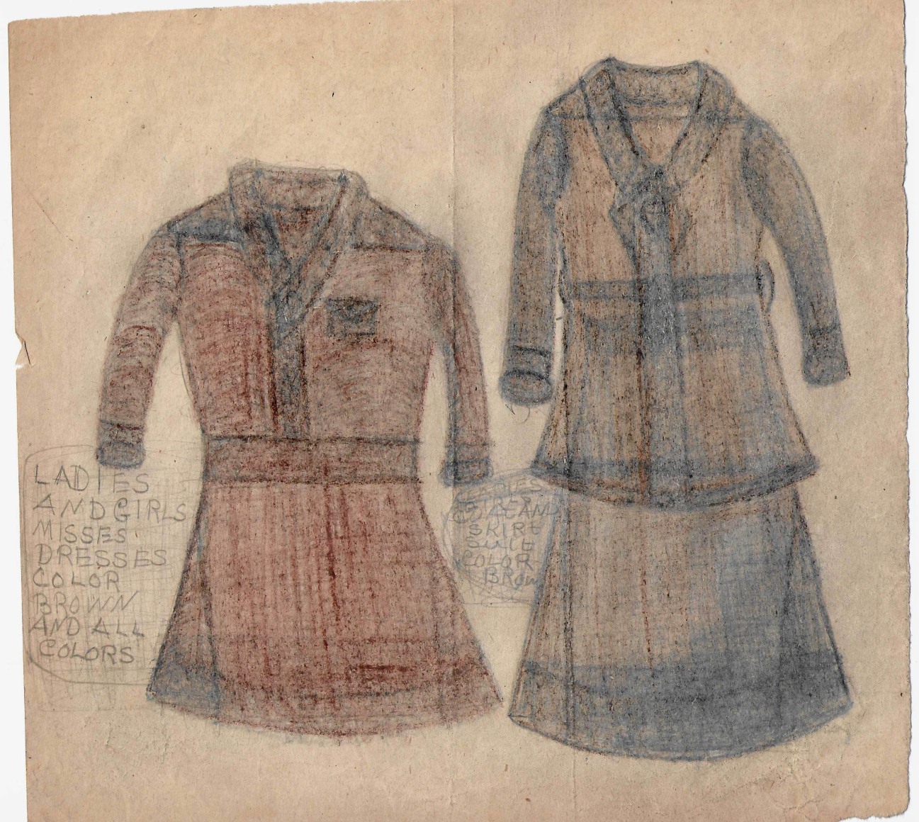 Pearl Blauvelt (1893 - 1987), Untitled (Ladies and Girls, Misses, Dresses Color Brown and All Colors), c. 1940's