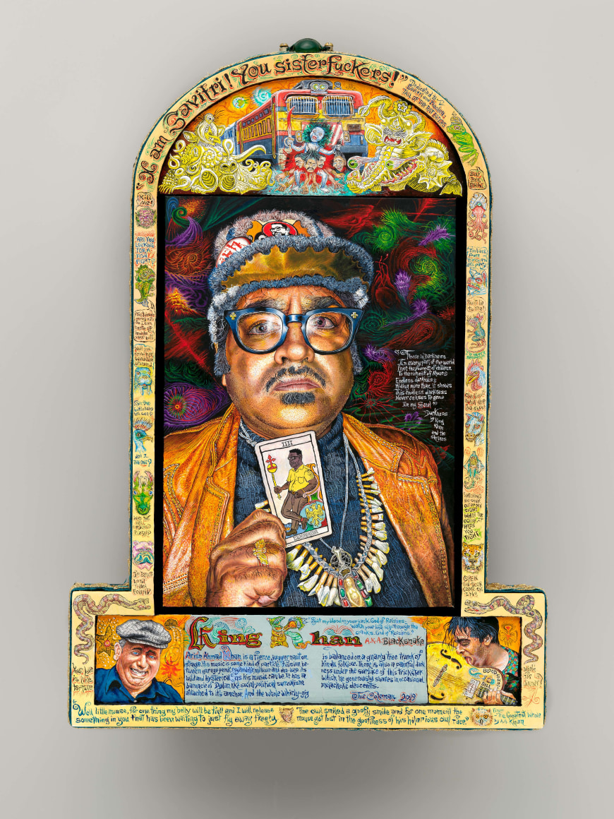 King Khan, 2019, Acrylic on panel with subject&#039;s necklace and traditional Indian trim