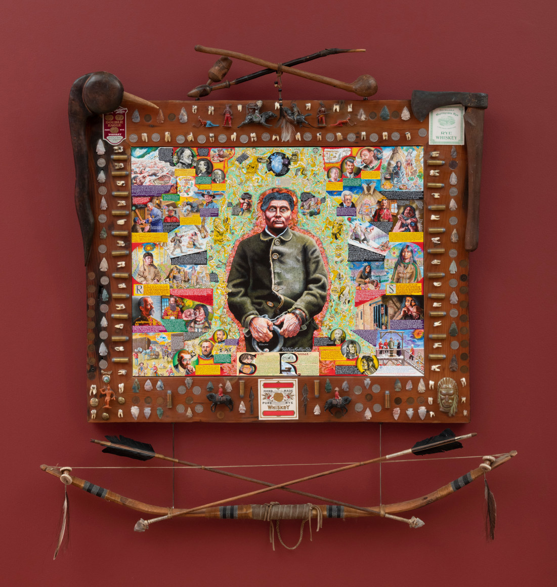 Swift Runner and the Colonialist Windigo Effect, 2017-2018, Acrylic on wood panel with wood/resin frame and period artifacts