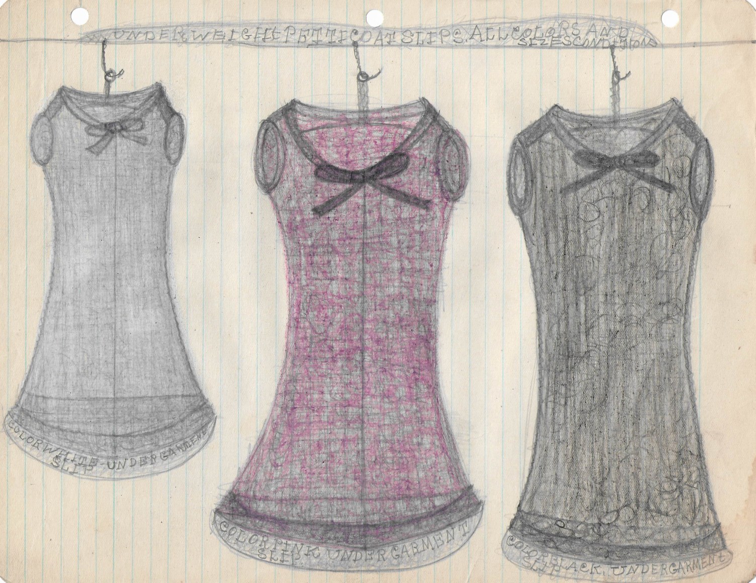 Pearl Blauvelt (1893-1987), Untitled (Underweight Petticoat Slips, All Colors and Sizes, Conditions), c. 1940&#039;s