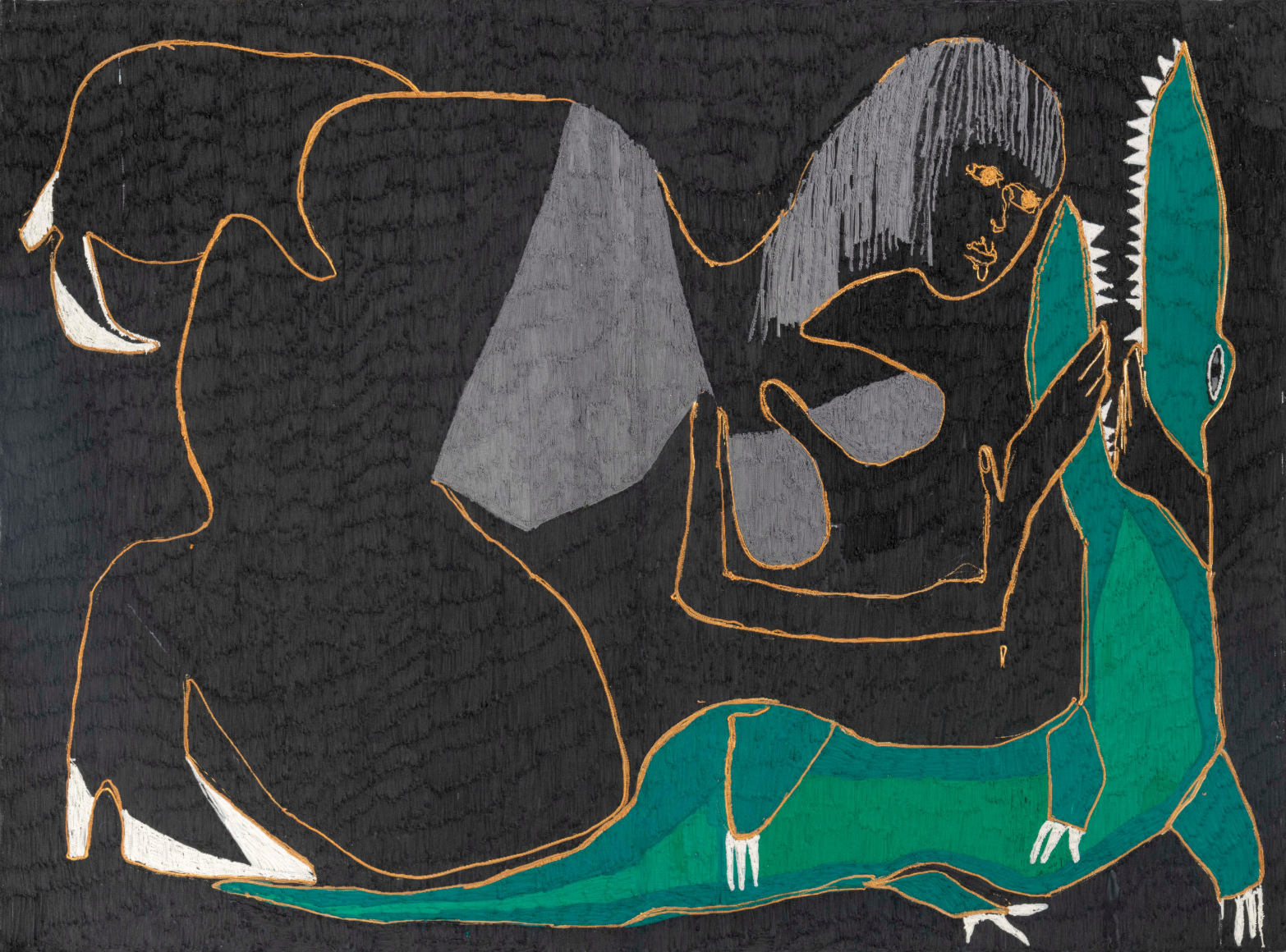 Wrestling an Alligator,&nbsp;2018, Acrylic on aluminum mesh