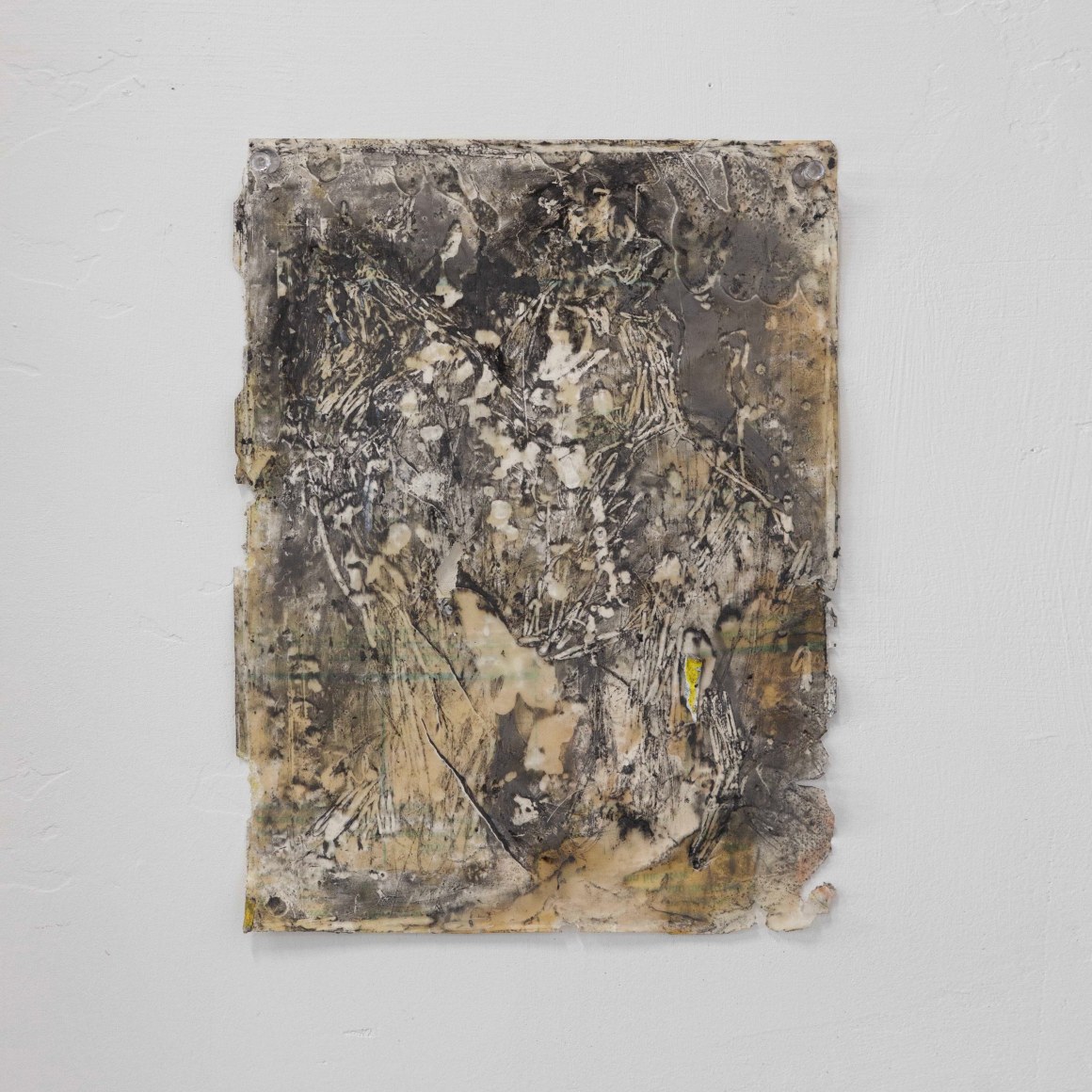 Horse in Moonlight II, graphite, charcoal, oil pastel, wax on found Baptist instruction book page