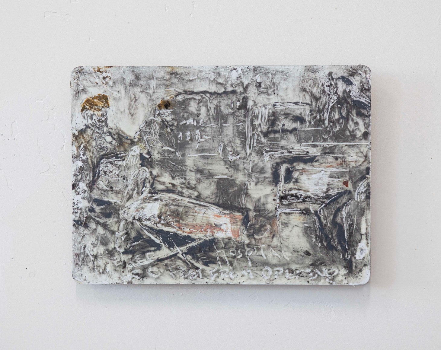 Mine Hospital, charcoal, graphite, oil pastel, wax on found whiteboard