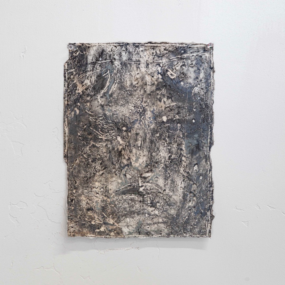 Unknown Collaborator II, graphite, charcoal, oil pastel, wax on found Baptist instruction book page