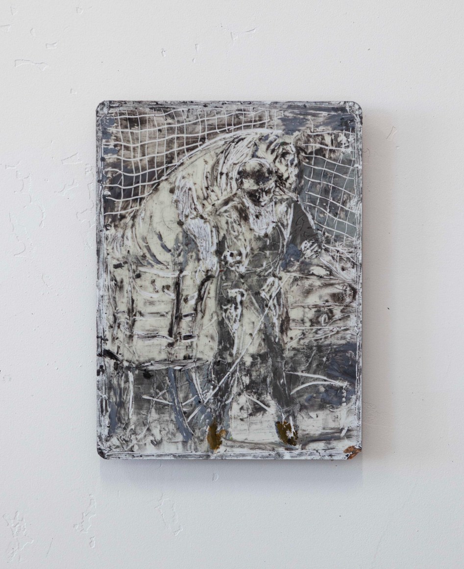 Man with Cat, graphite, charcoal, oil, pastel, wax on found student whiteboard