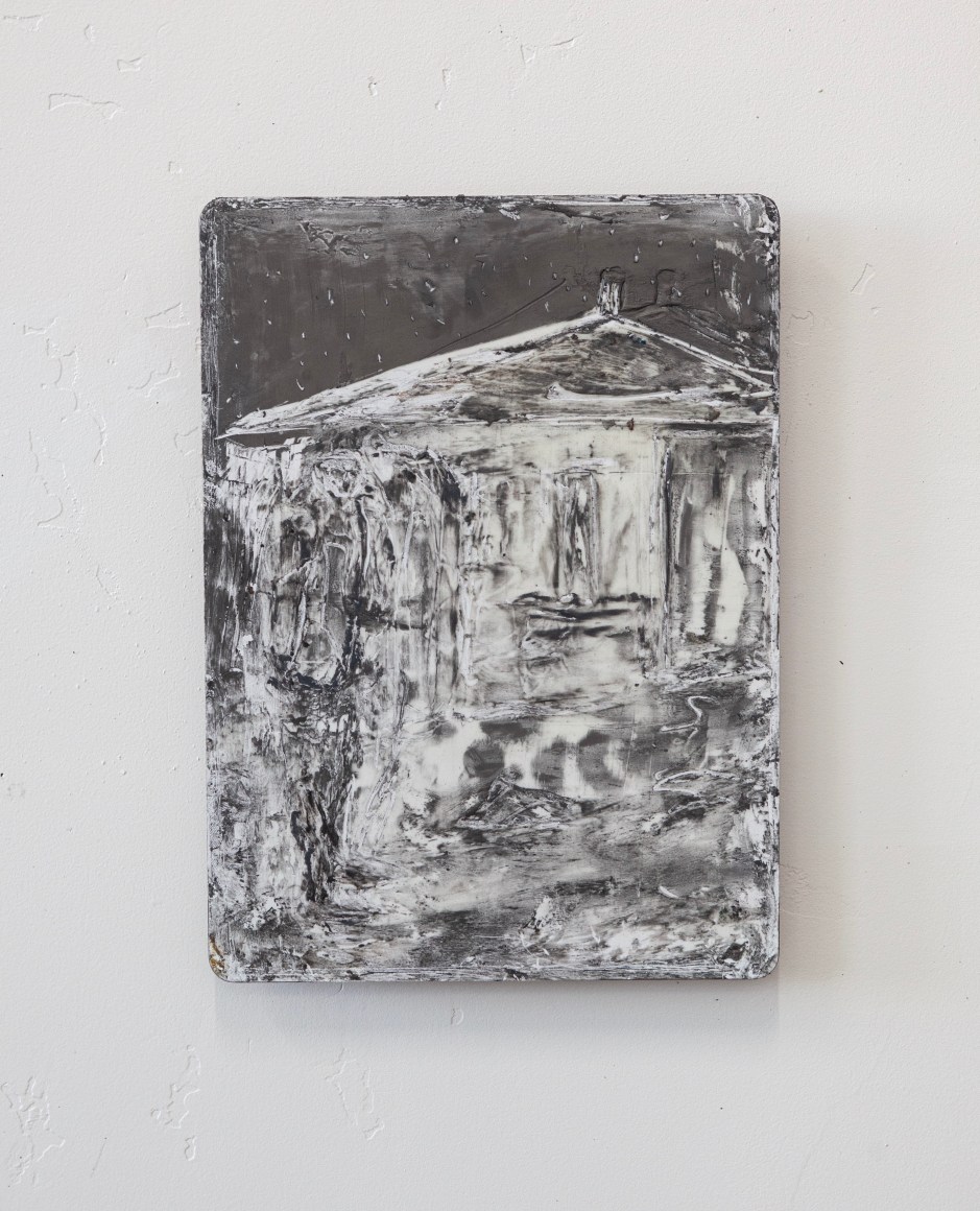 Miner at Home I, graphite, charcoal, oil, pastel, wax on found student whiteboard