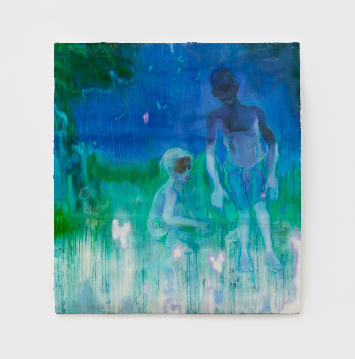 The Nighttime Encounter of the First Miasma, 2019, Acrylic, spray paint, and watercolor pencil on tiled sheets of paper glued to canvas