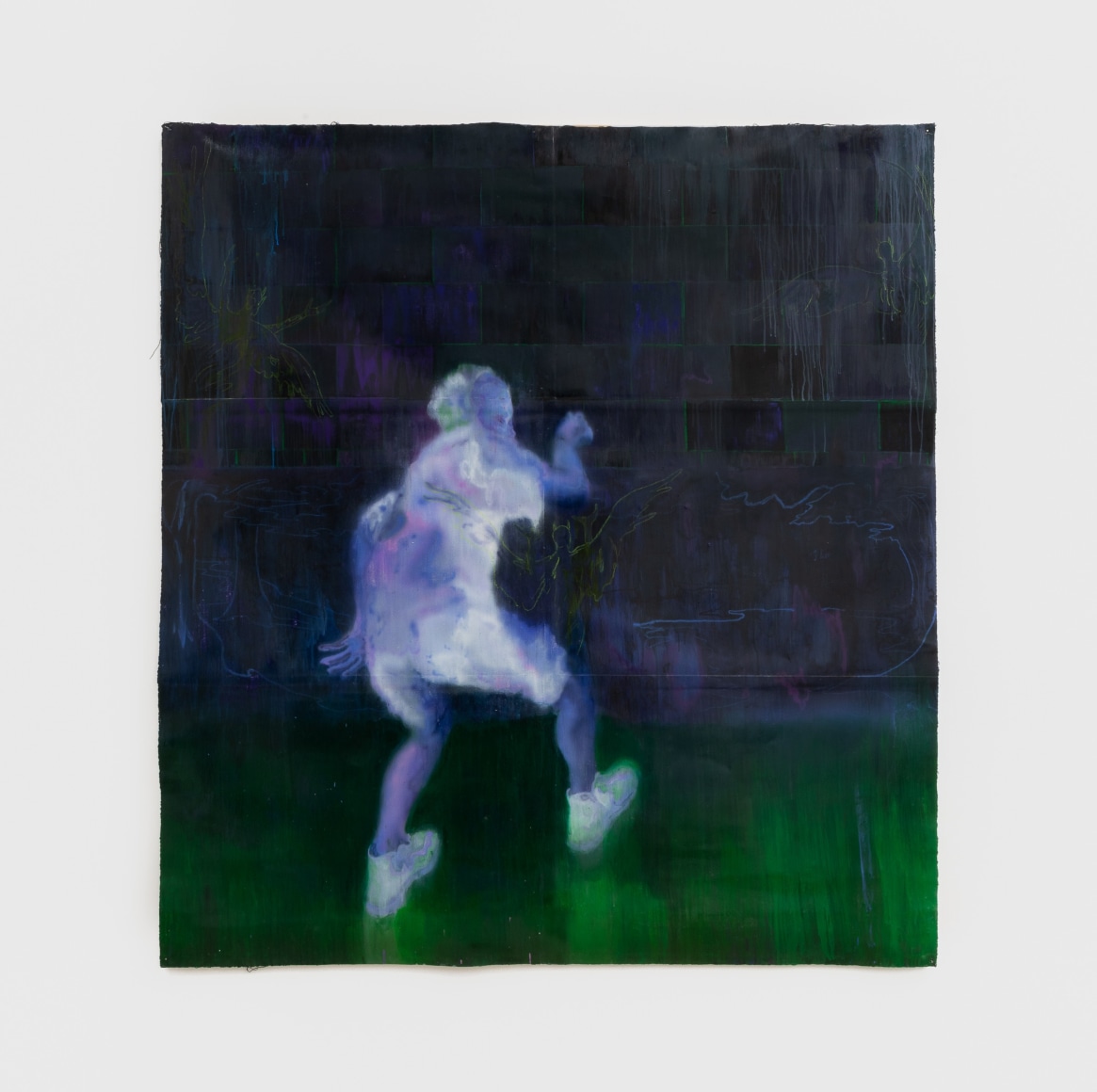 In The 22nd Century Ghosts N Goblins Walked In This Land, 2019, Oil, acrylic, spray paint, and watercolor pencil on tiled sheets of paper glued to canvas