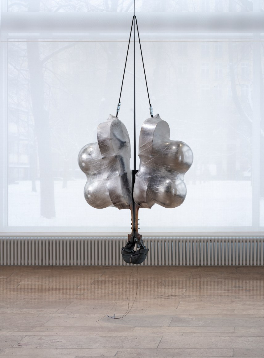 Jack O'Brien, Phaedrus, 2024, Cellos, cellophane, chrome-plated steel, spray paint, seat-belt webbing, bolts, shock cord