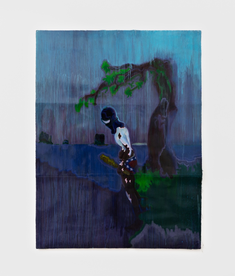 The Anguished Nativity of A Confederate Diver Under The Juniper Trees of Monument Valley, 2019, Acrylic, spray paint, and watercolor pencil on tiled sheets of paper glued to canvas